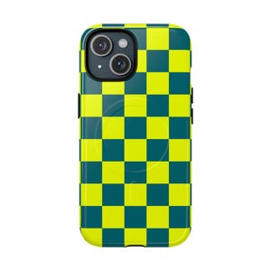 May include: A phone case with a vibrant checkerboard pattern in neon yellow and teal. The case has a glossy finish and features a camera cutout and buttons. The design is a bold, geometric statement.