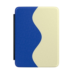 May include: A rectangular, two-tone case with a blue and cream design. The blue section is on the left, with a wavy cream section on the right. A black strap is on the left side.
