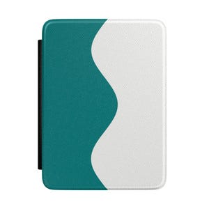 May include: A teal and white e-reader cover with a black spine. The cover features a teal section on the left and a white section on the right, separated by a curved line. The cover is rectangular with rounded corners.