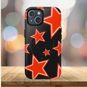 Funda MagSafe Racing Edition para iPhone / Funda negra con estrellas rojas / Funda para teléfono con temática de deportes de motor / Carcasa resistente de doble capa a prueba de golpes / Diseño llamativo