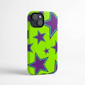 Neon Lime MagSafe iPhone 13-17 Case | Green Purple Star Phonecase | GenZ Student Phone Cover | Dual Layer Protective Casing