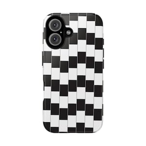 May include: A smartphone case with a black and white chequered pattern. The case has a glossy finish and features a dual-lens camera cutout at the top. The design is a repeating pattern of black and white squares.