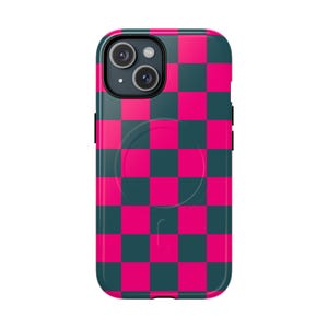 Transformative Teal & Electric Fuchsia Checker iPhone Case | Fashion Aesthetic Shockproof Fade Resistant Magsafe Phone Cover