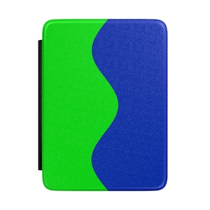 May include: A rectangular tablet case with a textured surface. The case is divided into two sections: a vibrant green on the left and a deep blue on the right, separated by a wavy line. A black strap is on the left side.