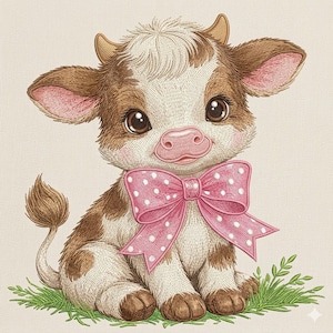 Peut inclure: Une illustration brodée d'un veau assis au pelage brun et blanc, aux grands yeux sombres et aux petites cornes. Le veau porte un grand nœud rose à pois blancs autour du cou et est positionné sur une touffe d'herbe verte.