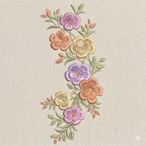 Wildflower Floral Border Embroidery Design, Pastel Flower Vine Botanical Machine Embroidery, 5 Size, Instant Download