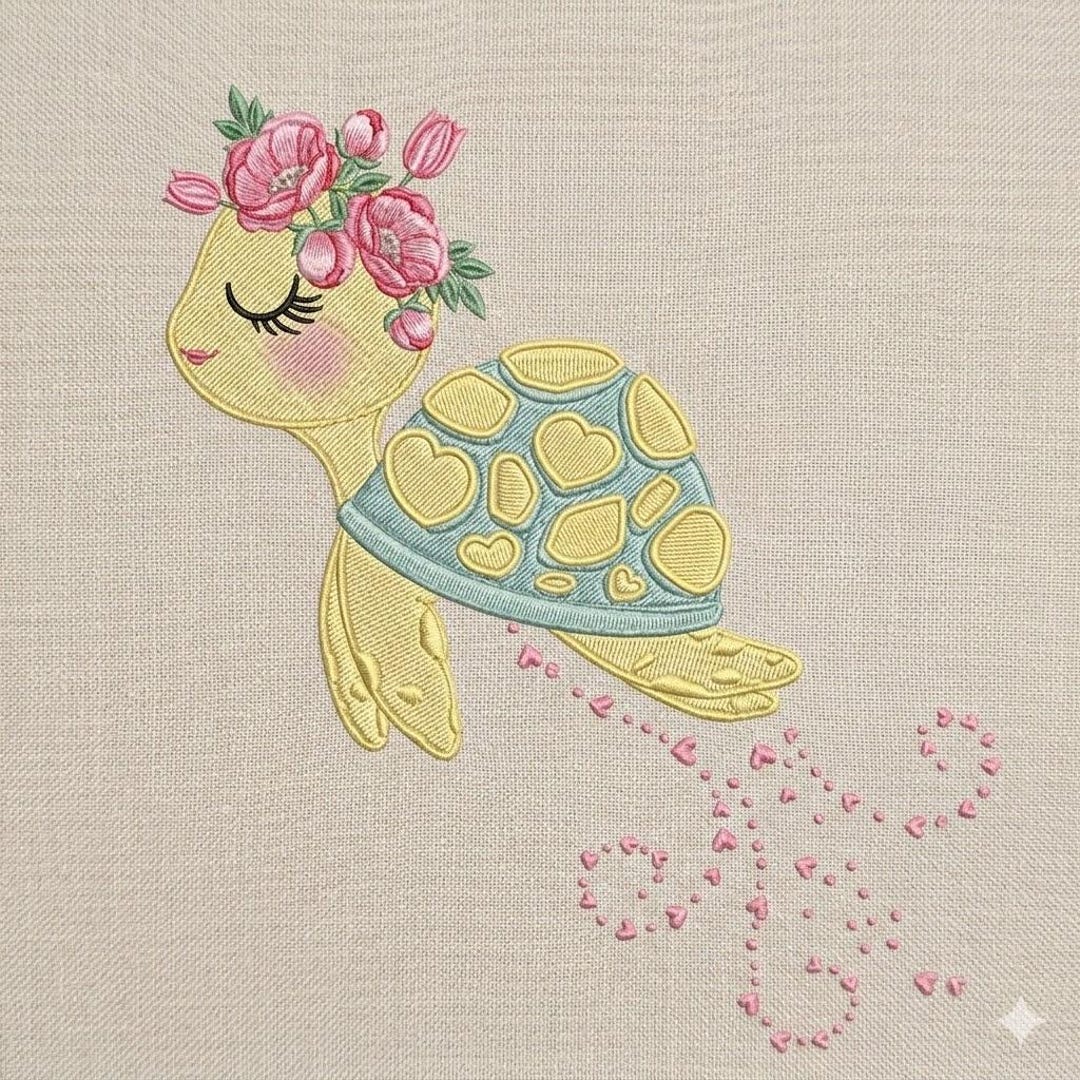 Cute Floral Turtle Embroidery Design, Baby Sea Turtle With Flowers ...