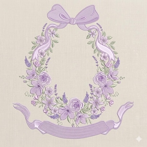 May include: A lavender floral wreath embroidery design featuring roses, lavender, and other flowers. The wreath is adorned with a bow at the top and a ribbon at the bottom. The design is on a beige background.