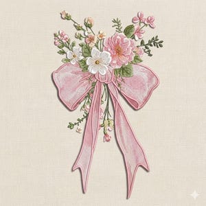 Puede incluir: Diseño bordado de un lazo rosa con un ramo de flores. Las flores incluyen rosas rosas, flores blancas y hojas verdes. El lazo tiene cintas largas y fluidas. El fondo es de color beige claro.