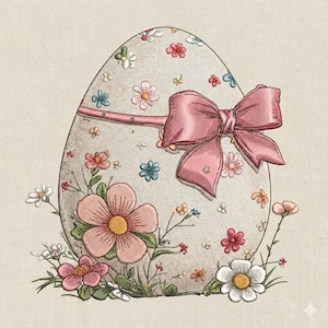 Floral Easter Egg Embroidery Design, Vintage Spring Egg with Pink Bow, Machine Embroidery File Download, 5 Size, Instant Download