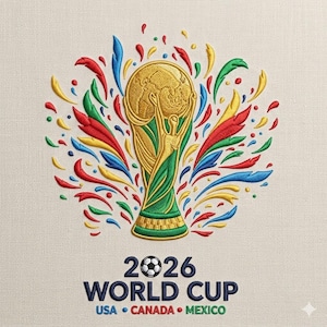 May include: Embroidered design of the FIFA World Cup trophy in gold, green, and yellow, with colourful bursts of red, blue, green, and yellow. The text "2026 WORLD CUP" is below the trophy, with "USA • CANADA • MEXICO" underneath.