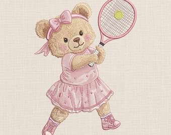 Tennis Teddy Bear Embroidery Design, Cute Girl Bear Playing Tennis, Sports Bear Embroidery File, Kids Sport Design, 5 Size, Instant Download
