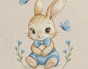 Diseño de bordado de conejito de Pascua para bebé con lazo azul, archivo de bordado a máquina, 5 tamaños, descarga instantánea