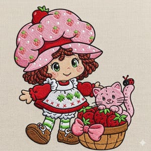 Könnte beinhalten: Gesticktes Bild einer Zeichentrickfigur mit rosa Erdbeermütze und rotem Kleid, die einen Korb mit Erdbeeren mit einer rosa Katze hält. Die Figur hat braune Haare und grüne Augen. Ein Marienkäfer sitzt auf dem Schwanz der Katze.
