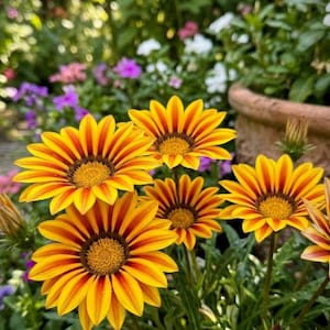 May include: Close-up of vibrant yellow and orange Gazania flowers in full bloom. The petals radiate from a dark brown center, creating a striking contrast. The flowers are surrounded by green foliage and other colorful flowers in the background.