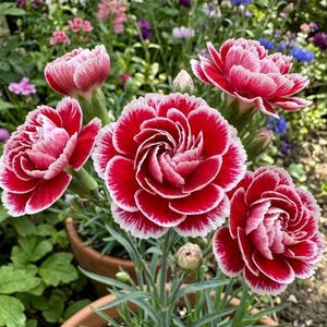 May include: Close-up of vibrant red and white carnation flowers in full bloom. The petals have a ruffled texture with a white edge. The flowers are in a terracotta pot, surrounded by green foliage and other colorful flowers.