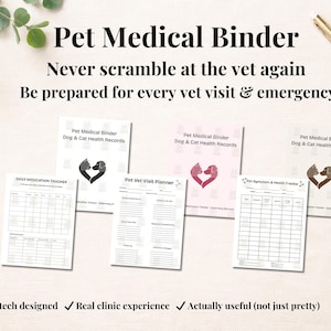 Può includere: Una raccolta di raccoglitori medici per animali domestici e moduli di registrazione. I raccoglitori sono etichettati come "Pet Medical Binder Dog & Cat Health Records" e presentano un design a forma di cuore con una silhouette di cane e gatto.