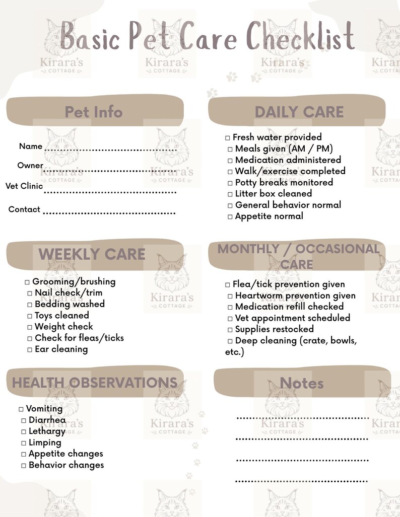 Basic Pet Care Checklist Printable | Dog & Cat Daily Care Tracker | Pet ...