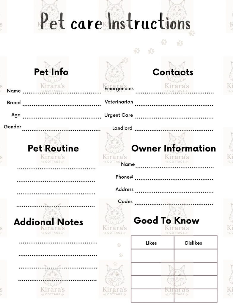 Pet Care Instructions Printable | Pet Sitter Info Sheet | Emergency ...