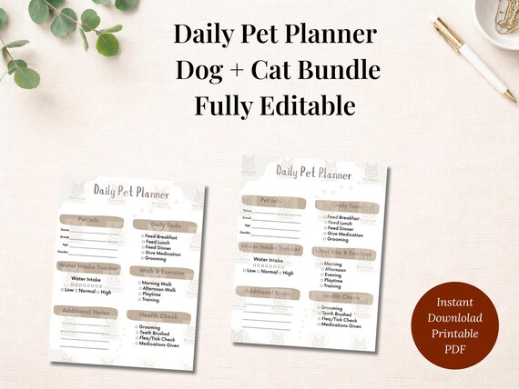 Editable Daily Pet Planner Printable | Dog and Cat Care Tracker | Vet Tech Designed Pet Routine and Health Log | Pet Care Binder PDF