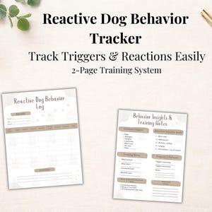 Può includere: Documento PDF di due pagine intitolato "Reactive Dog Behavior Tracker". La prima pagina è un registro per il monitoraggio di trigger e reazioni, e la seconda pagina è per approfondimenti sul comportamento e note di formazione. Il documento è progettato per aiutare a monitorare e gestire il comportamento di un cane.