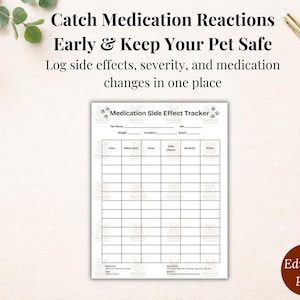 May include: A white Medication Side Effect Tracker for pets, designed to log medication details, side effects, and severity. The text reads "Catch Medication Reactions Early & Keep Your Pet Safe". Includes an "Editable PDF" label.