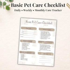 Peut inclure: Un modèle de liste de contrôle pour les soins des animaux de compagnie, intitulé "Basic Pet Care Checklist". Il comprend des sections pour les informations sur l'animal, les soins quotidiens, hebdomadaires et mensuels, les observations de santé et les notes. Le texte est noir, avec des accents bruns.