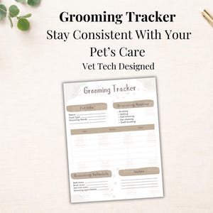 Puede incluir: Un rastreador de aseo para mascotas con el texto "Grooming Tracker" y "Stay Consistent With Your Pet's Care". El documento incluye secciones para información de la mascota, rutina de aseo, programa de aseo y notas. También se ve el texto "Vet Tech Designed".