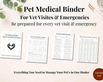 Pet Medical Binder Editable Canva Template | Dog & Cat Health Records | Medication Tracker and Vet Visit Log Printable
