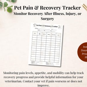 May include: A printable pet pain and recovery tracker with the text "Pet Pain & Recovery Tracker" and "Monitor Recovery After Illness, Injury, or Surgery". The tracker includes sections for monitoring pain levels, appetite, and mobility.