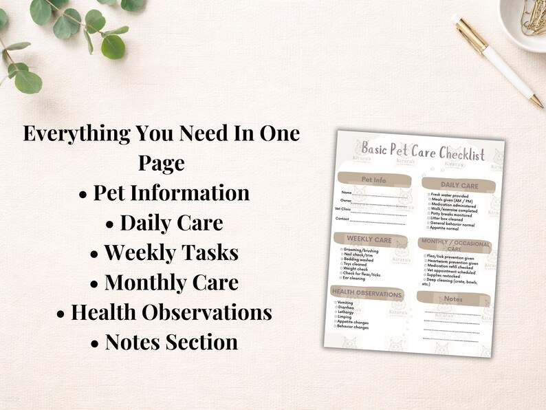 Basic Pet Care Checklist Printable | Dog & Cat Daily Care Tracker | Pet ...
