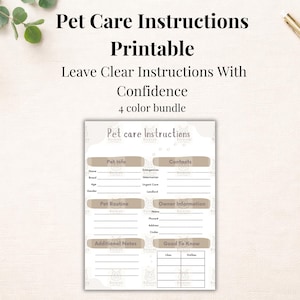 Editable Pet Care Instructions Template | Pet Sitter Info Sheet | Printable & Fillable | 4 Color Options | Kirara’s Cottage