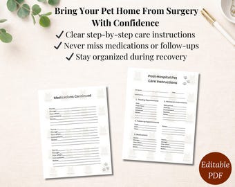 Pet Discharge Instructions Template | After Surgery Care Sheet | Medication Log | Vet Tech Printable | Dog & Cat Recovery Tracker Canva