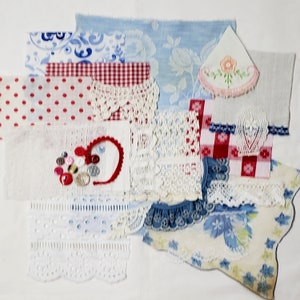 Slow Stitch Kit, Mixed Fabric and Lace Bundle, Vintage and Retro Fabrics, Red White and Blue Fabrics, Fabric Collage Kit