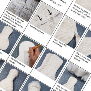 May include: A step-by-step guide on how to sew a plush toy. The guide includes images of the sewing process, including cutting out fabric, stitching, and stuffing the toy. The text in the images includes instructions such as "Place presser foot near the line. Use &frac14;" seam inside the line. Be sure to leave the top open." and "Now, cut on the marked line."