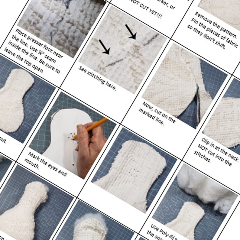May include: A step-by-step guide on how to sew a plush toy. The guide includes images of the sewing process, including cutting out fabric, stitching, and stuffing the toy. The text in the images includes instructions such as "Place presser foot near the line. Use &frac14;" seam inside the line. Be sure to leave the top open." and "Now, cut on the marked line."