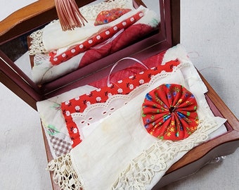 Vintage Wood Jewelry Box Filled With Vintage Fabric, Quilt Piece, Buttons, Embroidery Floss, Slow Stitch Kit, Collage Kit