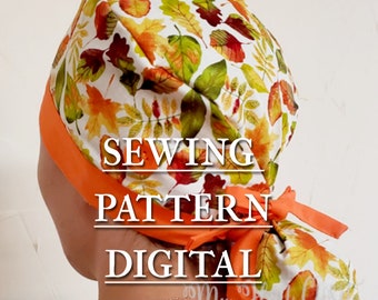 May include: A digital sewing pattern for a scrub hat with a fall leaf print. The hat is orange and white with a tie at the back. The text "Sewing Pattern Digital" is superimposed on the image.