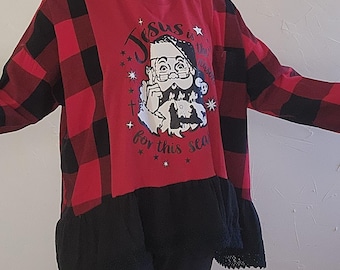 Upcycled Christmas T-Shirt Top, Buffalo Plaid Flannel, Plus Size