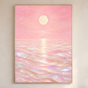 Pink Capiz Shell Ocean Wall Art, Iridescent Moon Seascape, Pearl Wave Print, Coastal Glam Decor, Digital Download