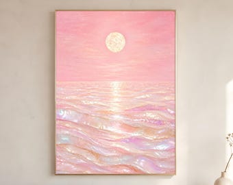 Pink Capiz Shell Ocean Wall Art, Iridescent Moon Seascape, Pearl Wave Print, Coastal Glam Decor, Digital Download