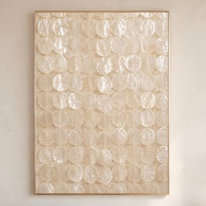 May include: A rectangular wall art piece featuring a grid of overlapping, translucent, circular shell-like discs in shades of cream and off-white. The artwork is encased in a thin, light-toned wooden frame, creating a textured, layered appearance.