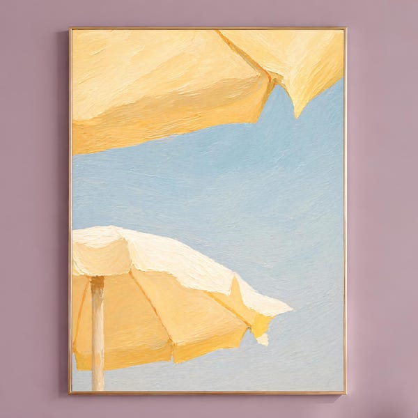 Butter Yellow Beach Umbrella Wall Art, Impasto Sky Painting, Textured Coastal Summer Print, Cream Living Room Decor, Digital Download