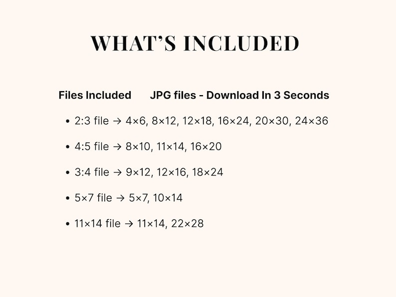 What's Included graphic listing all file ratios and sizes on a white background