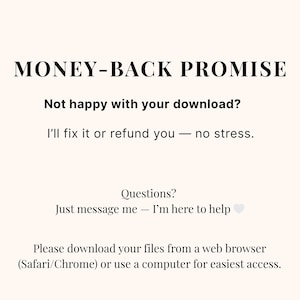 Money-Back Promise graphic with refund guarantee text and download instructions on a white background