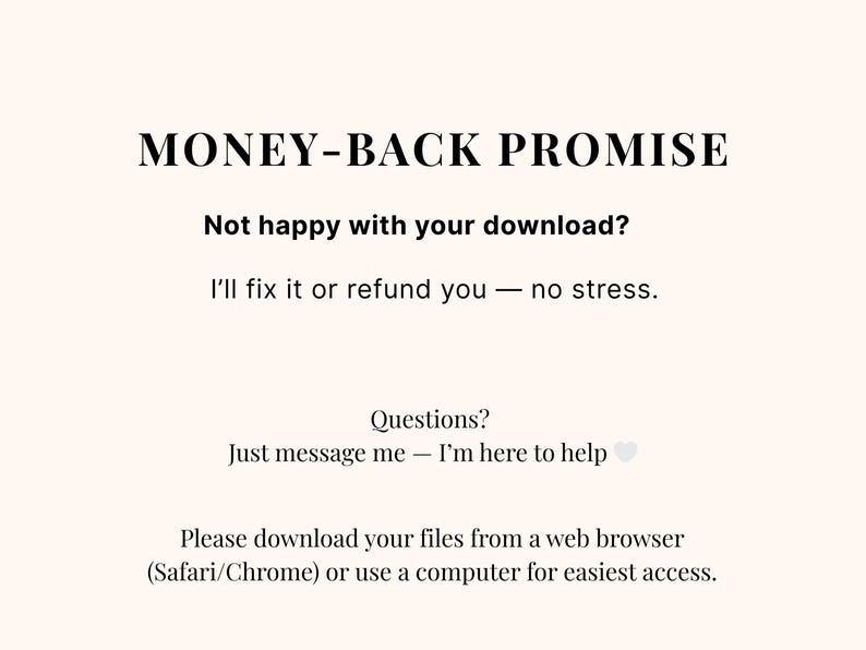 Money-Back Promise graphic with refund guarantee text and download instructions on a white background