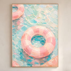 Stampa di un galleggiante da piscina, decorazione murale estiva, decorazioni rosa per la piscina, dipinto pastello di una piscina, download digitale