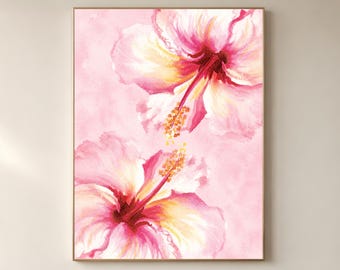 Watercolor Hibiscus Wall Art, Pink Tropical Flower Print, Botanical Bedroom Decor, Digital Download