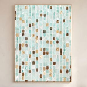 May include: A rectangular wall art piece featuring a grid of small, rounded square tiles in shades of light mint green, white, and metallic gold, arranged in vertical columns within a thin, light-colored wooden frame.