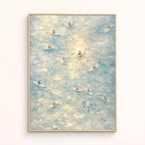 Fototapeta z muszlą Blue Capiz, wydruk z unoszącymi się w powietrzu surferami, dekoracja ścienna z miniaturową deską surfingową, obraz z małymi ludźmi, plakat z surfingiem, dekoracja ścienna z motywem plażowego wybrzeża